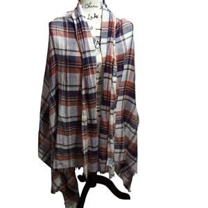 Kitara Plaid Shawl Wrap in Blue and Orange Cotton Casual Layering Size OS